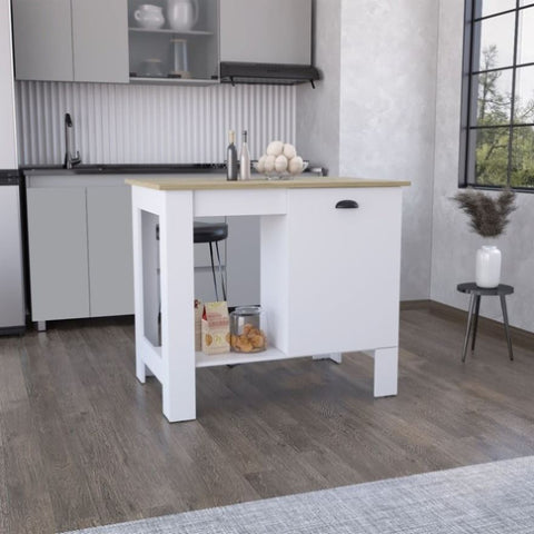 ZUN Atenea Kitchen Island, Single Door Cabinet, Shelf White / Macadamia B070P214570