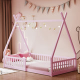 Twin Size Wood House Bed with Fence, Pink N709P183348H