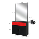 ZUN 15% E0 chipboard linen top 1 drawer 1 door with mirror Salon cabinet black and red 87943446