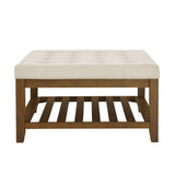 Upholstered Coffee Table Tufted Linen Large Square Ottoman with Beech Wood Shelf and Frame, W2353P183805