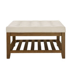 ZUN Upholstered Coffee Table Tufted Linen Large Square Ottoman with Beech Wood Shelf and Frame, W2353P183805