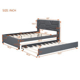 Full Size Upholstered Platform Bed with Brick Pattern Headboard and Twin Size Trundle, Linen Fabric, 49640107