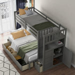 ZUN Twin over Full/Twin Bunk Bed, Convertible Bottom Bed, Storage Shelves and Drawers, Gray 37395028