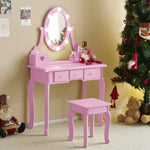 ZUN FCH Kids Vanity Set with Mirror and Lights and Stool, 5 Storage Drawers, Pretend Play Princess 59165871