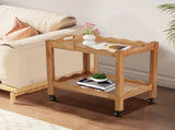Solid Rubberwood Rolling Side Table, 2-Tier with Lockable Wheels & Removable Tray, Sturdy Durable W3040P455688