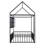 Twin Size Metal Bed House Bed Frame with Fence and Shelves, Black N737P175360B