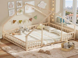 Queen Size Montessori Kids Floor Bed Frame, Playhouse Bed with Triangle Roof Frame, FullSurround 65737078