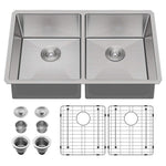 ZUN 32" L X 19" W Undermount 50/50 Double Bowl 16 Gauge 304 Stainless Steel Kitchen Sink With Sink Grid W1225P250675