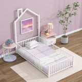 Twin Size Metal House Platform Bed with Guardrail and Chimney, White N709P203151K