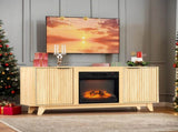 Oak Finish Fireplace TV Stand with 18 Inch Insert & Double Grid Doors, Embossed Particle Board Media 27096333