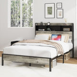 Full size bed frame, wooden platform bed frame, with storage and 2 USBs, no noise, no need for box W636P315847