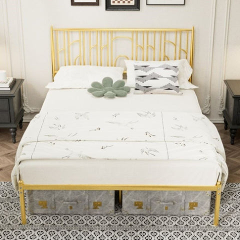 ZUN Metal Steel Platform Bed Frame with Iron-art Headboard - Gold W2992P233431