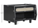 Black Nightstand with Rattan Detail, MDF Solid Wood, Modern Bedroom Storage, Open Shelf & Drawer, N770P374577B