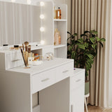 The white vanity with a mirror is equipped with a hair dryer rack, while the vanity in the bedroom W1320P186705
