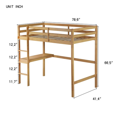 ZUN Twin High Loft Bed, Rubber Wood Loft Bed with Safety Guardrail, built-in desk, ladder,White Oak 64025790