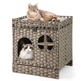 2-Tier Wicker Cat Condo with Litter Mat - Hidden Litter Box Enclosure, Detachable Washable Cushion, 98775677
