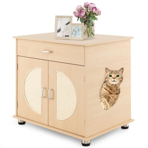 ZUN 26.5" Multipurpose Cat Litter Box Enclosure with Sisal Scratching Doors and Storage Living Room 15588507