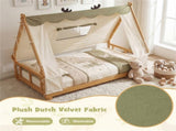 Twin Size Montessori House Floor Bed with Removable Canopy Tent, Solid Wood Kids Bed with Guardrails 41357052