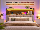 King Size Headboard with Pegboard Storage Shelf, Adjustable Upholstered Backrest, RGB LED Light 47995855
