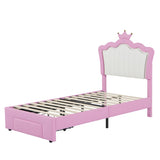 Twin Size Upholstered Bed Frame with LED Lights, Modern Upholstered Princess Bed with Crown W2770P190376