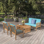 ZUN Outdoor Acacia Wood Sofa Set with Water Resistant Cushions, 4-Pcs Set, Brown Patina / Teal 59116.00T