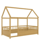 Twin Size Floor Wooden Bed with House Roof Frame, Fence Guardrails, W1858P310084