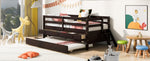 ZUN Low Loft Bed Twin Size with Full Safety Fence, Climbing ladder, Storage Drawers and Trundle Espresso 95642683