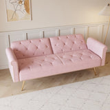 A 69.7-inch-long sofa bed covered in pink velvet fabric, featuring nail head trimndccompanied by W3356P298450