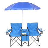 ZUN Portable Outdoor 2-Seat Folding Chair with Removable Sun Umbrella Blue 57651919