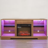 ZUN TV Stand Electric Fireplace TV Stand Glass Shelves, 3D Fireplace TV Stand LED Lights Wood W2275P257558