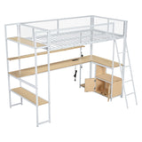 Twin Size Metal Loft Bed with Built-in Work Station, LED and Multiple Storage, White 81360789