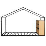 Twin Size Metal Bed House Bed Frame with Shelves and Lights, Black N737P176708B