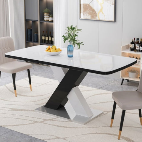 ZUN Modern Square Dining Table, Stretchable, White Table Top+MDF X-Shape Black and White Color Table Leg W757P242760