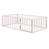 Twin Size Metal Floor Bed Frame with Fence and Door, Pink MF307108AAH
