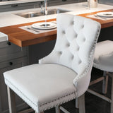 Contemporary Velvet Upholstered Barstools with Button Tufted Decoration and Wooden Legs, and Chrome W1143P177584