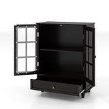 Minimalist Black Buffet Cabinet with Double Glass Doors and Drawer, Modern Wooden Storage Sideboard 26388624
