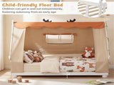 Twin Size Montessori House Floor Bed with Removable Canopy Tent, Solid Wood Kids Bed with Guardrails 81025719