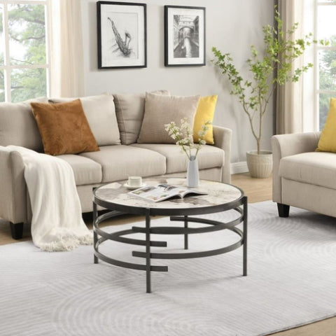 ZUN 32.48'' Round Coffee Table With Sintered Stone Top&Sturdy Metal Frame, Modern Coffee Table for W1071P144307