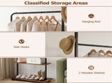 Industrial Rolling Clothing Rack with 2 Wooden Shelves & Hooks, Freestanding Garment Rack for 80127414