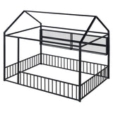 Full Size Metal Bed House Bed Frame with Fence and Shelves, Black N737P175361B