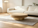 31.88 inch Round Travertine Coffee Table, Modern Drum Coffee Table with Champagne Gold Metal W5230P567203