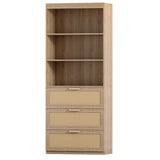 71 Inches Tall Storage Cabinet, Rattan Bookcase with 3 Drawers and 3-Tier Open Shelves, Wooden 71781703
