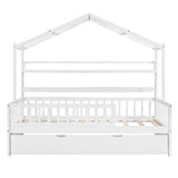 ZUN Wooden Twin Size House Bed with Trundle,Kids Bed with Shelf, White 34508043