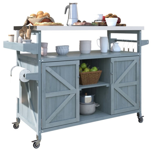 ZUN Outdoor Kitchen Island, Rolling Bar Cart & Storage Cabinet, Farmhouse Solid Wood Outdoor Grill Table 12469239