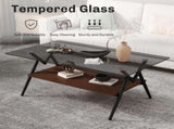 Rectangle Coffee Table with Tempered Glass top and Brown MDF Shelf, Modern Table for Living Room, W241142564