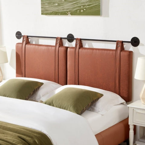 ZUN Wall Mounted Headboard Queen with Brown Faux Leather Straps, Faux Leather Upholstered Headboard with T2694P186021