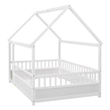Full Size Floor Wooden Bed with House Roof Frame, Fence Guardrails,White W1858123986