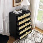 ZUN Bedroom 5 drawer dresser, rattan dresser modern wooden chest of drawers with spacious storage space W1781P183009