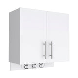 Wall cabinet 27" H, three broom hangers and metal handles, two internal shelves, two doors, white B097132881