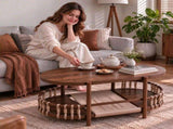 37.8" Oval Coffee Table with 2-Tier Rope Woven Storage Shelf, Melamine MDF Tabletop & Metal Frame, 01080088